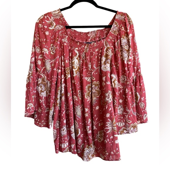 Chaps Floral Bell Sleeve Blouse - Rust and Cream - Picture 3 of 7
